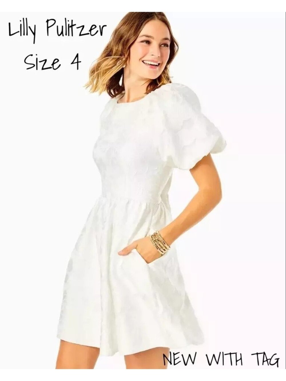 Lilly Pulitzer White Organza Bloom Jacquard Lined Dress Silk Blend Size 4 New